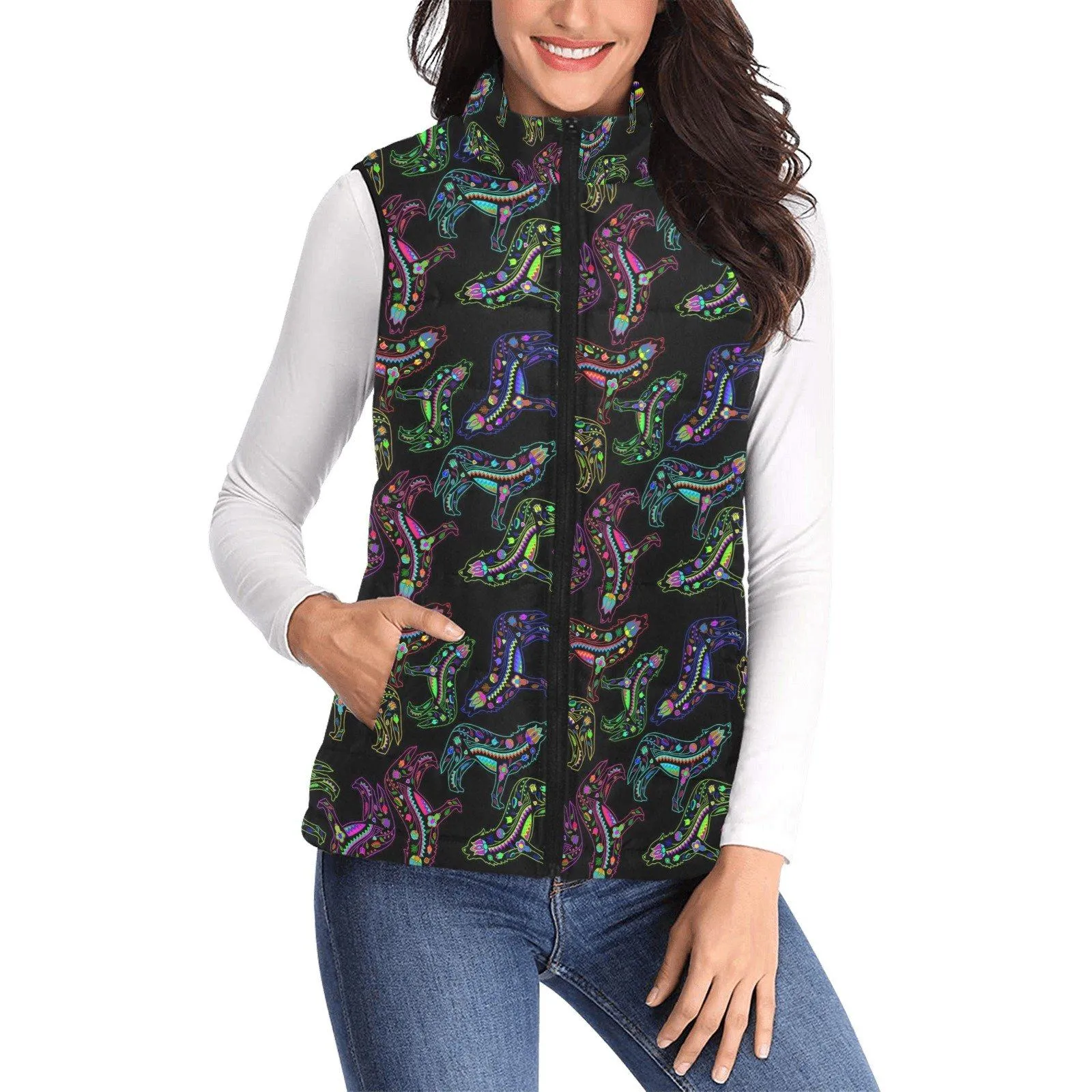 Neon Floral Wolves Women's Padded Vest Jacket