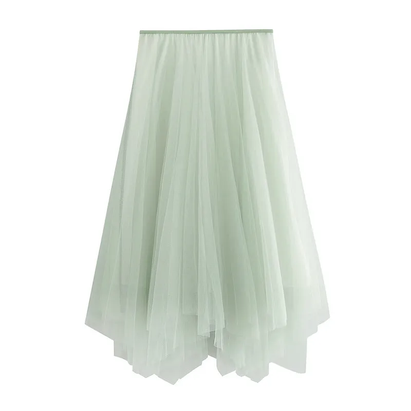 New big swing asymmetric long fairy skirt irregular rim high waist mesh long layered dress