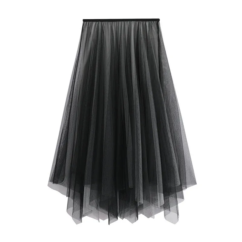 New big swing asymmetric long fairy skirt irregular rim high waist mesh long layered dress