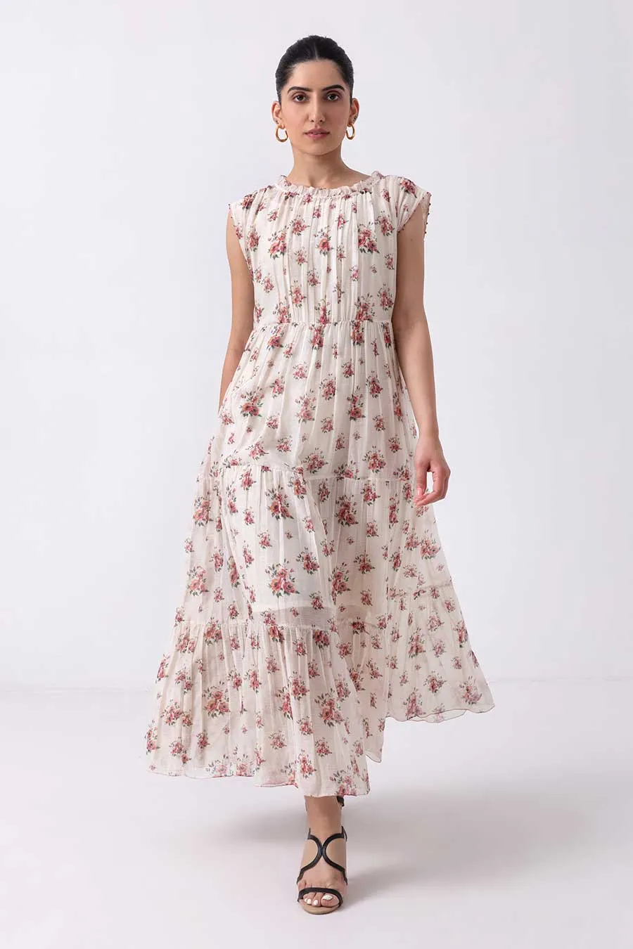 Off-White Floral Printed Tier Dress