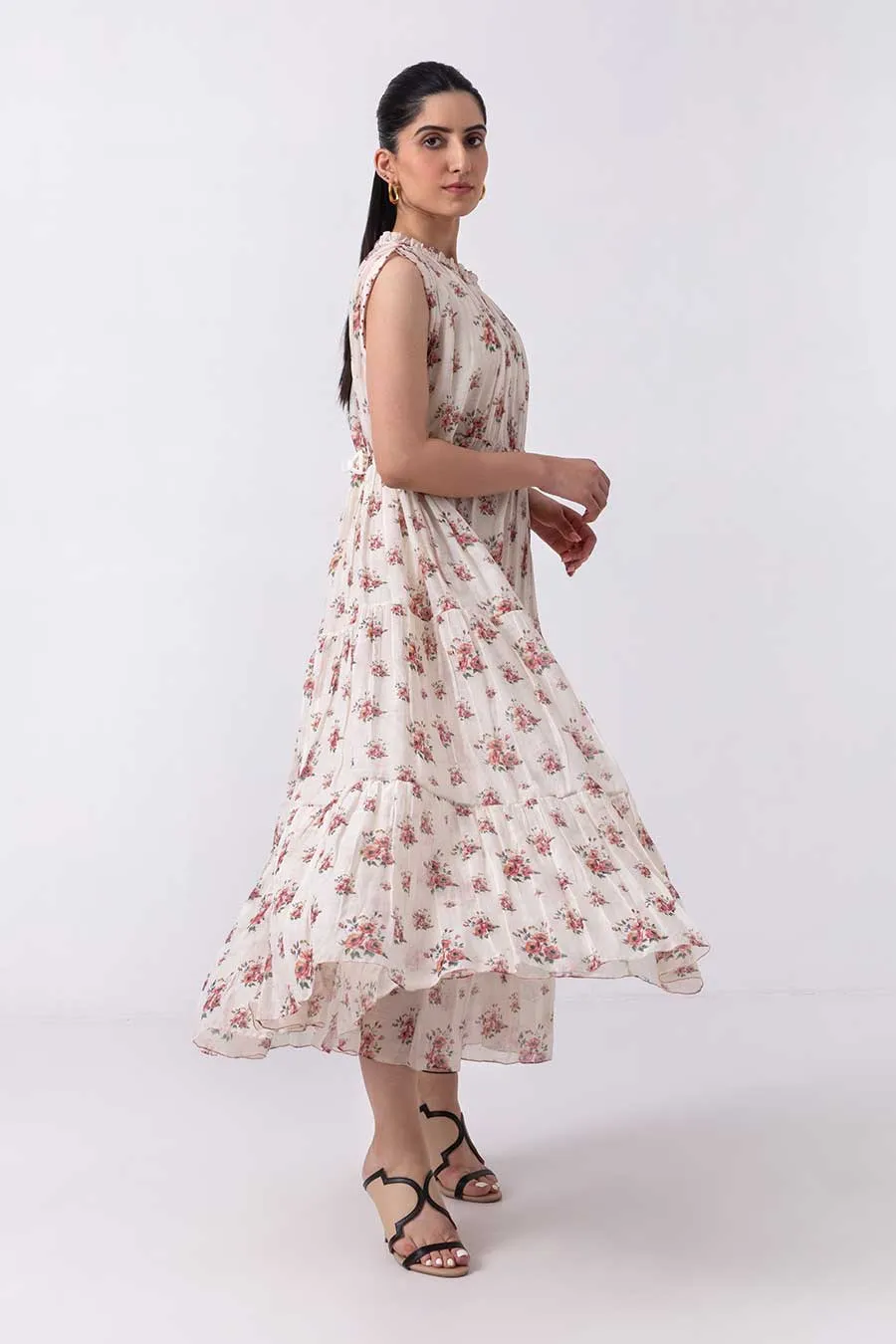 Off-White Floral Printed Tier Dress