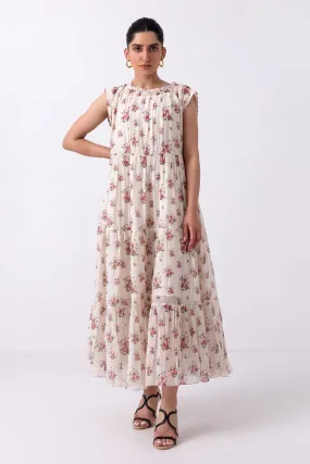 Off-White Floral Printed Tier Dress