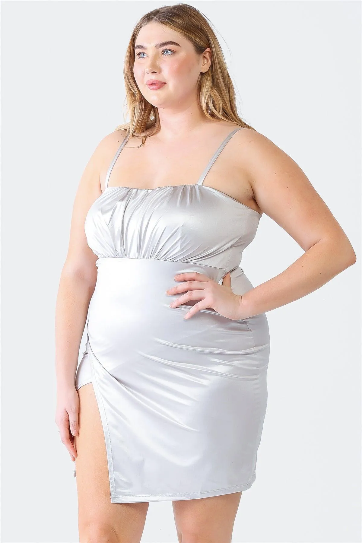 Plus Size Metallic Silver Satin Wrap Hem Mini Dress