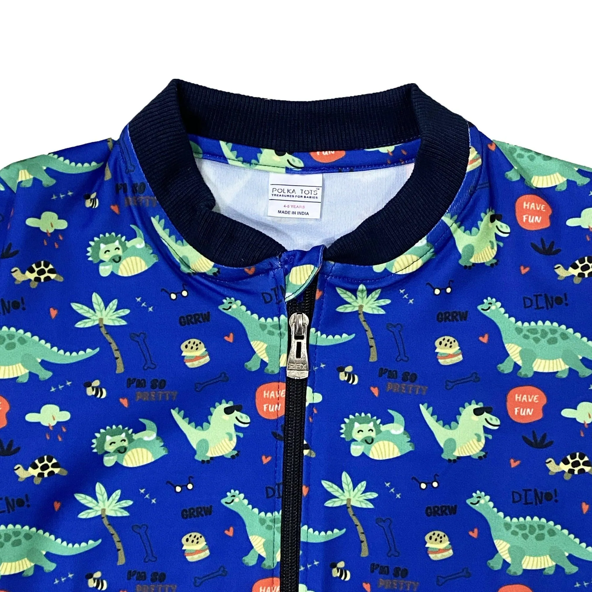 Polka Tots Full Sleeves Dinosaur Print Poly Jacket - Royal Blue