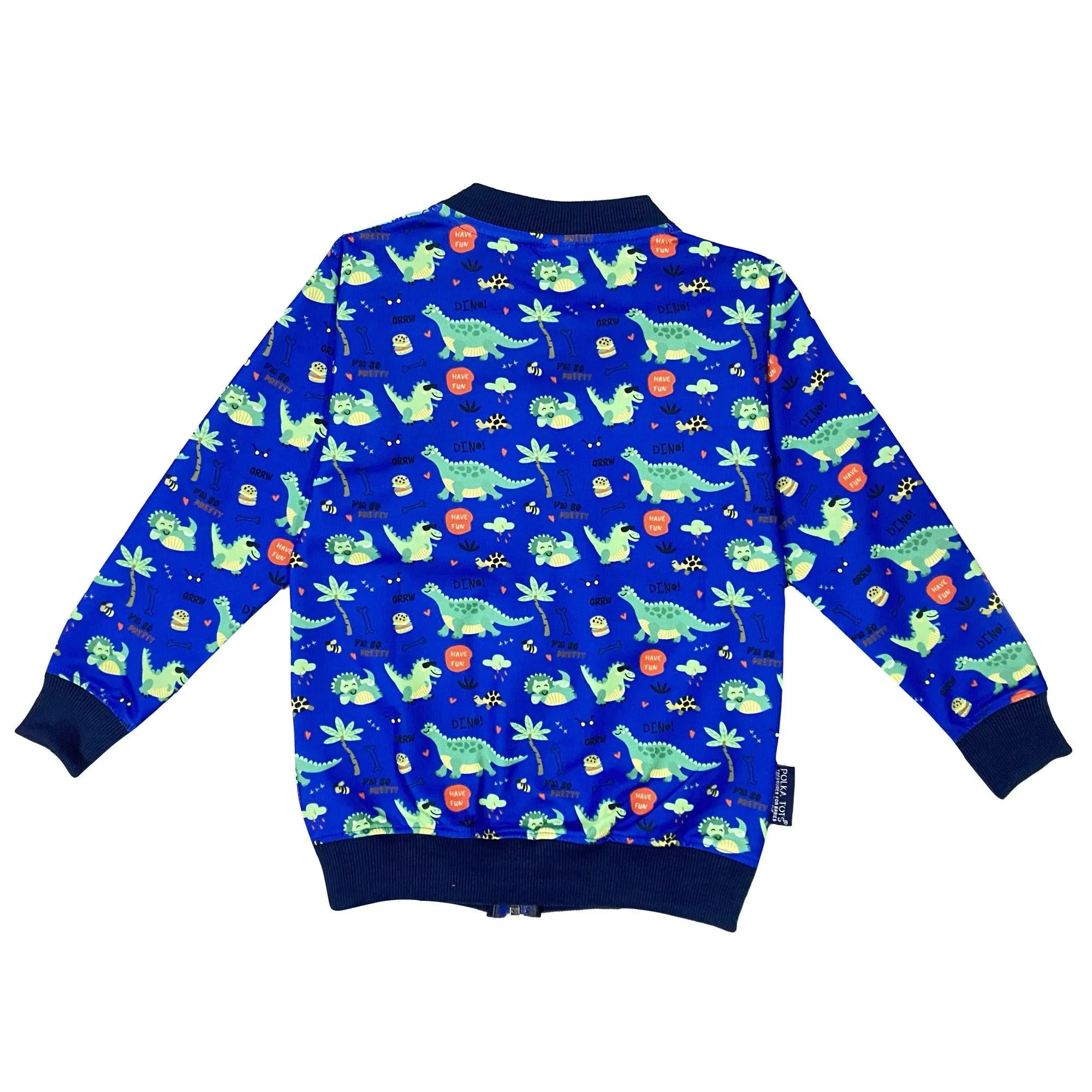 Polka Tots Full Sleeves Dinosaur Print Poly Jacket - Royal Blue