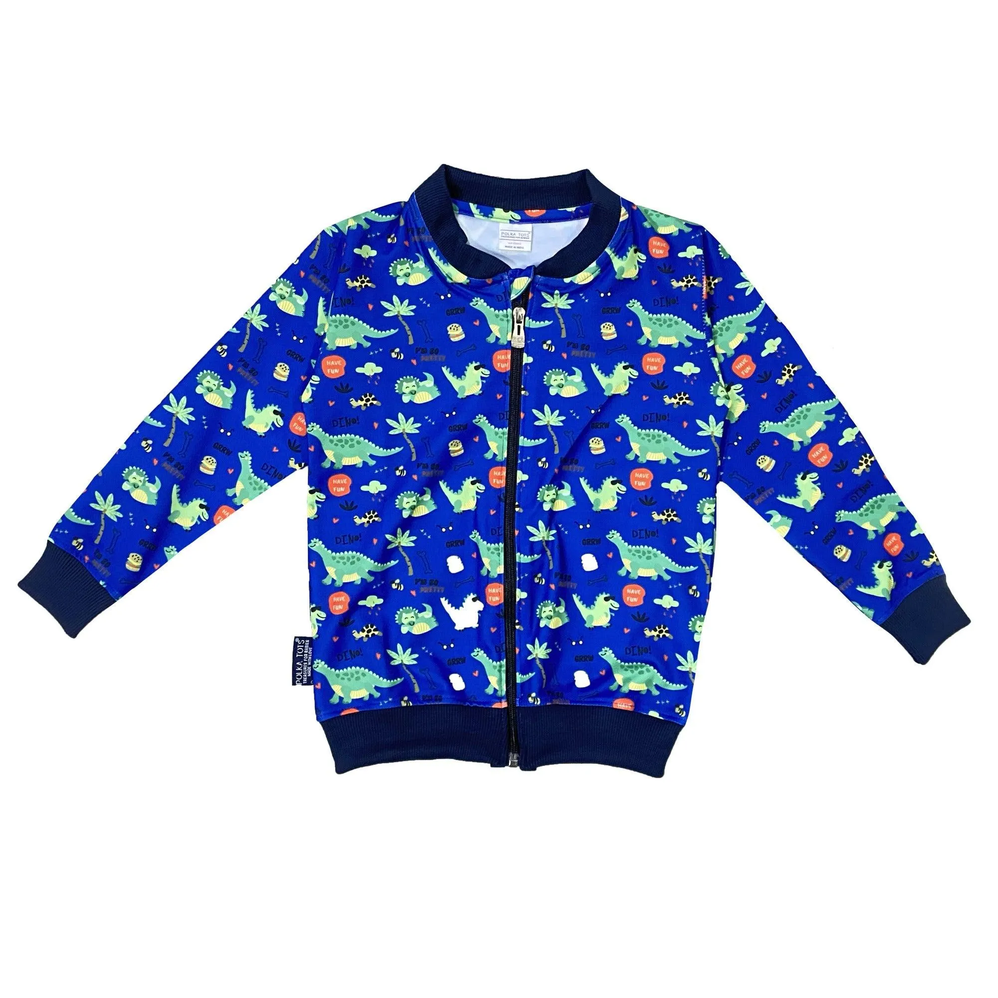 Polka Tots Full Sleeves Dinosaur Print Poly Jacket - Royal Blue