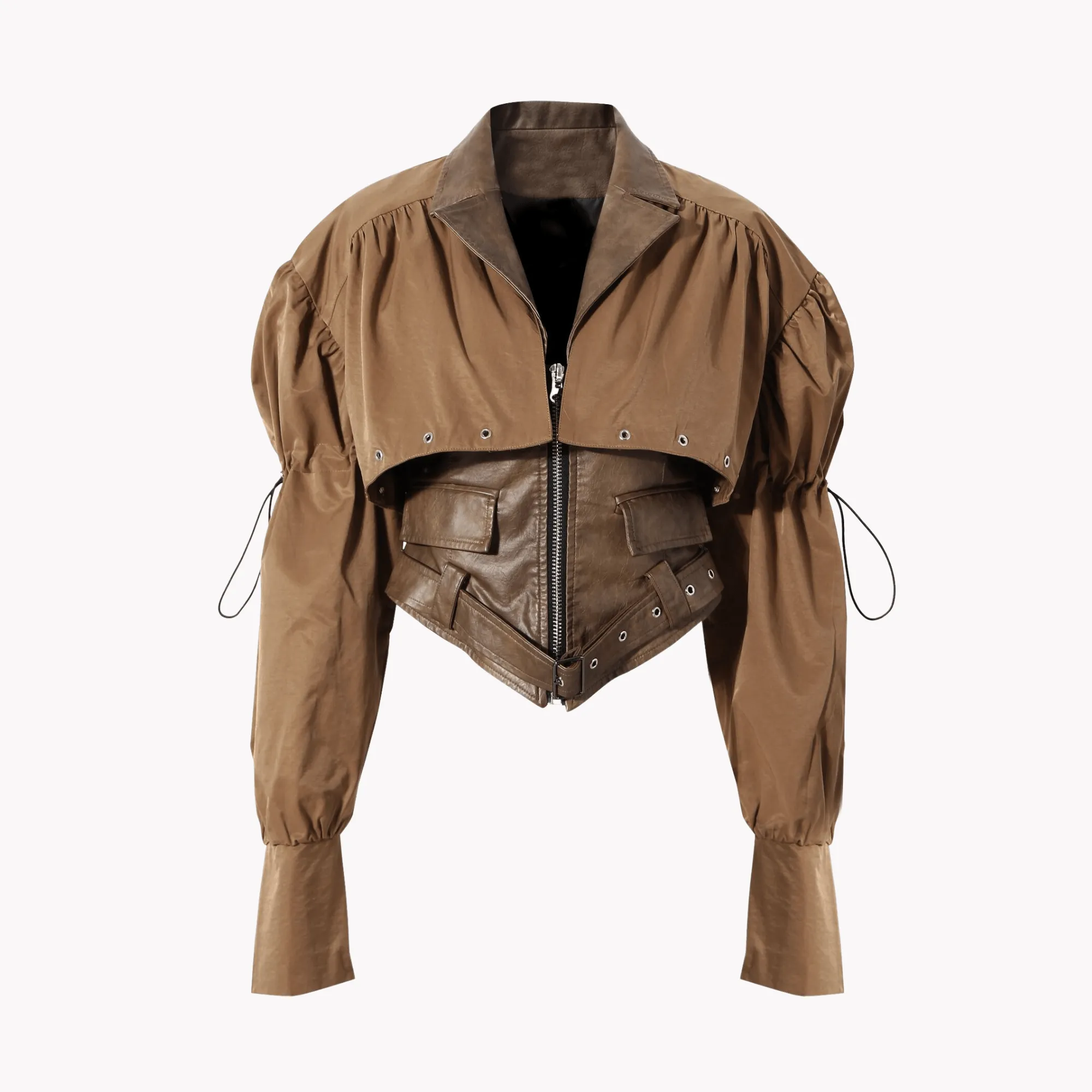 Pre Order:  Pleated Belted Drawstring Vegan Leather Jacket