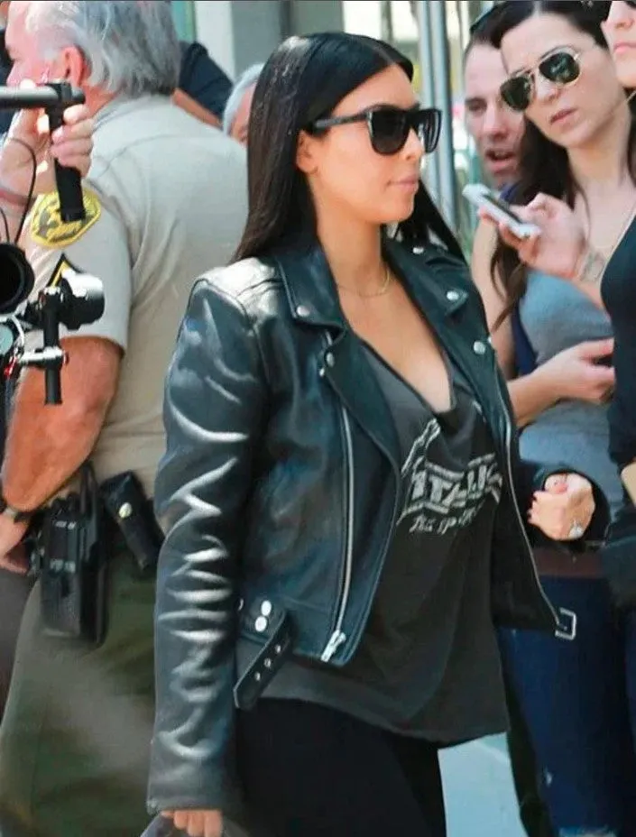 Premium Black Motorcycle Leather Jacket Worn By Kim Kardashian | | Women Celebrity Jacket | Celebrity Leather Jacket