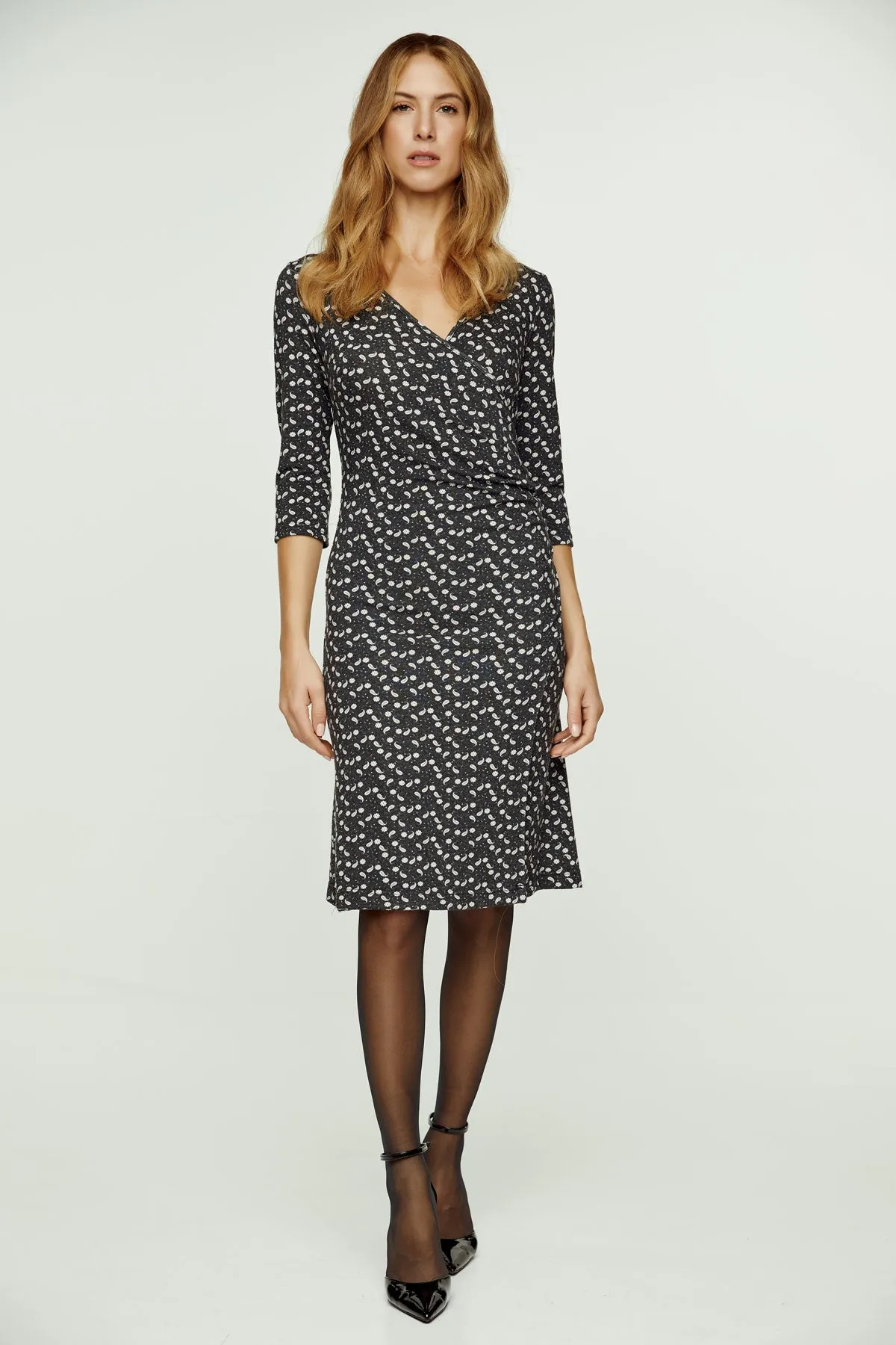 Print Faux Wrap Wool Dress