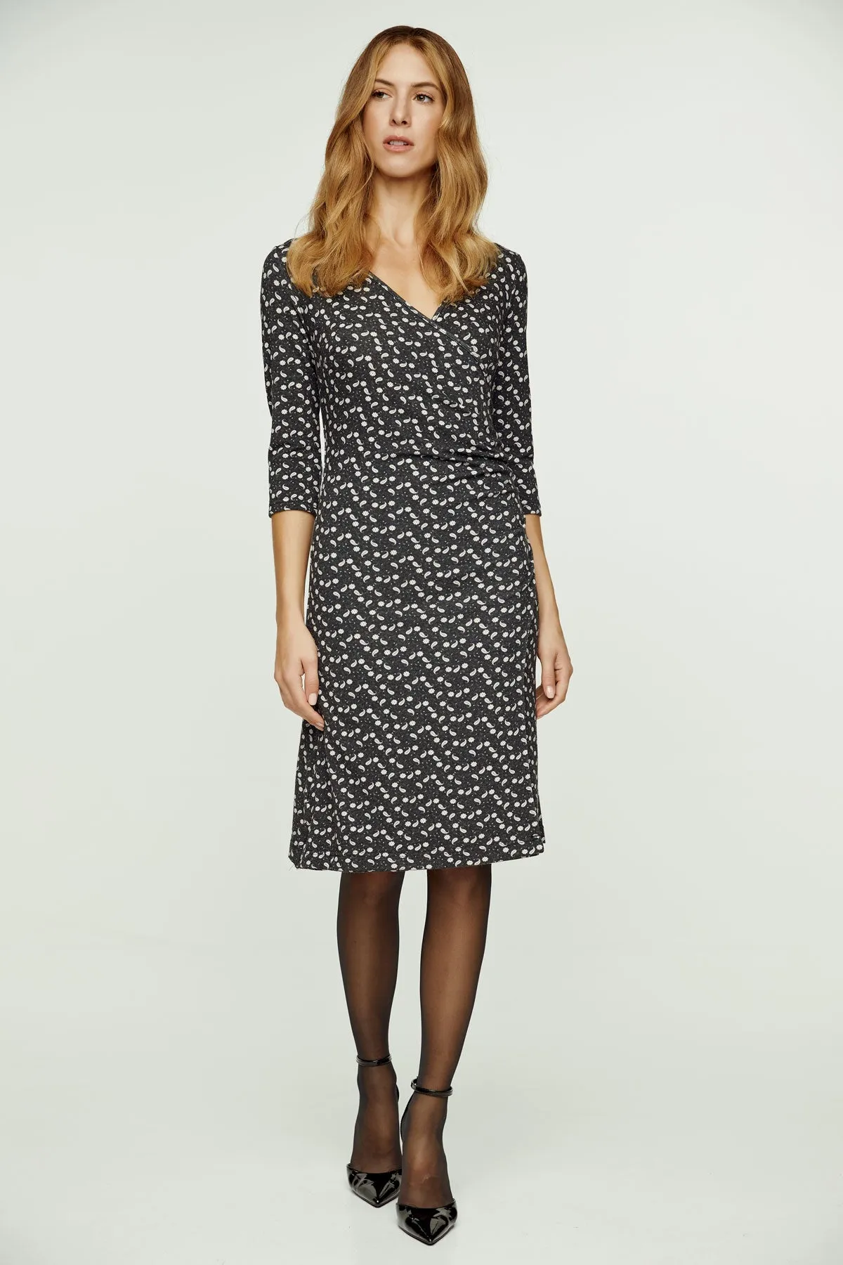 Print Faux Wrap Wool Dress