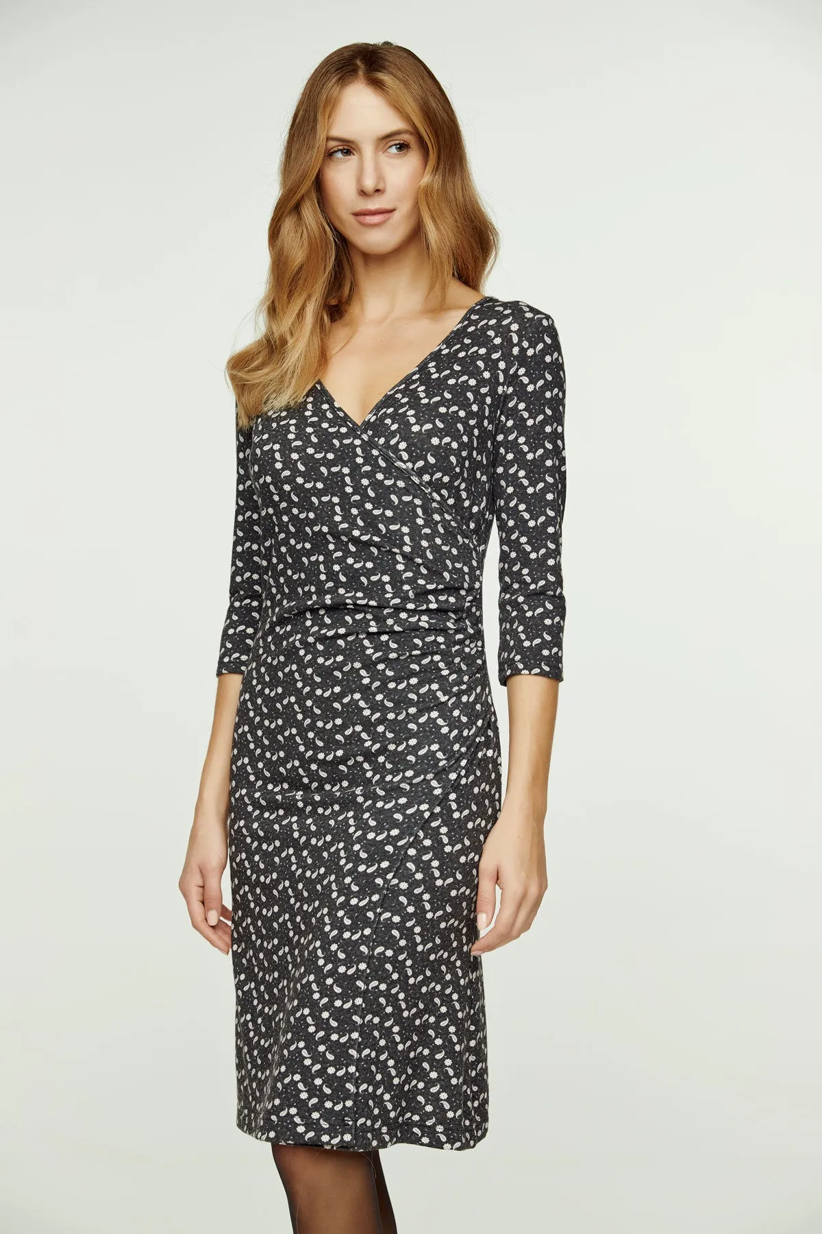 Print Faux Wrap Wool Dress