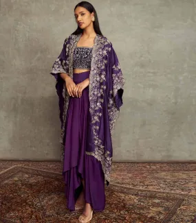 Purple Embroidered Cowl Skirt And Cape Set