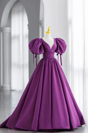 Purple V-Neck Satin Long Prom Dresses