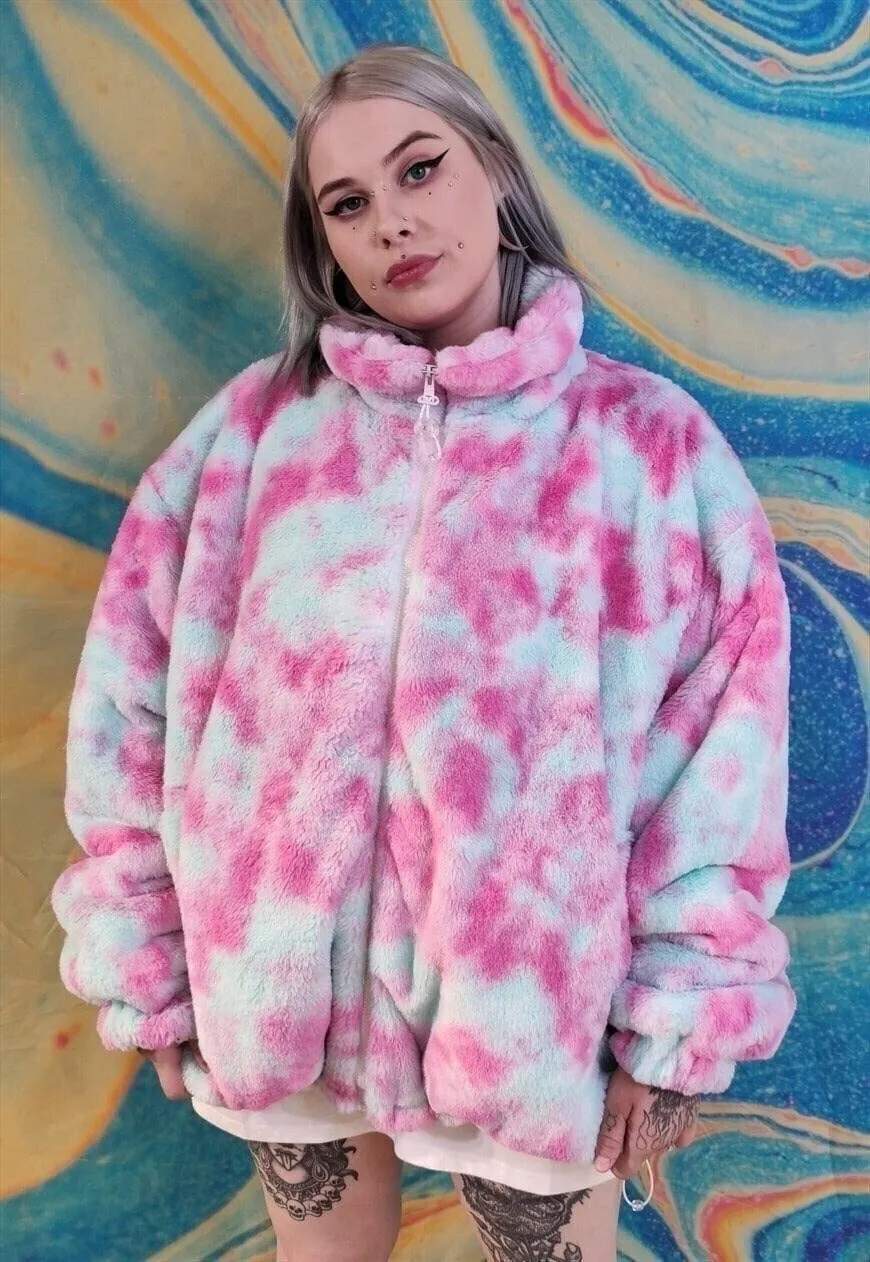 Reversible fleece bomber handmade tie-dye sports jacket pink