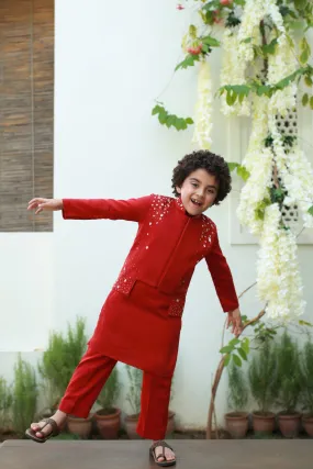 Riwaayat - Long & Short Vegan Silk Embroidered Jacket With Kurta Trouser Set For Boys