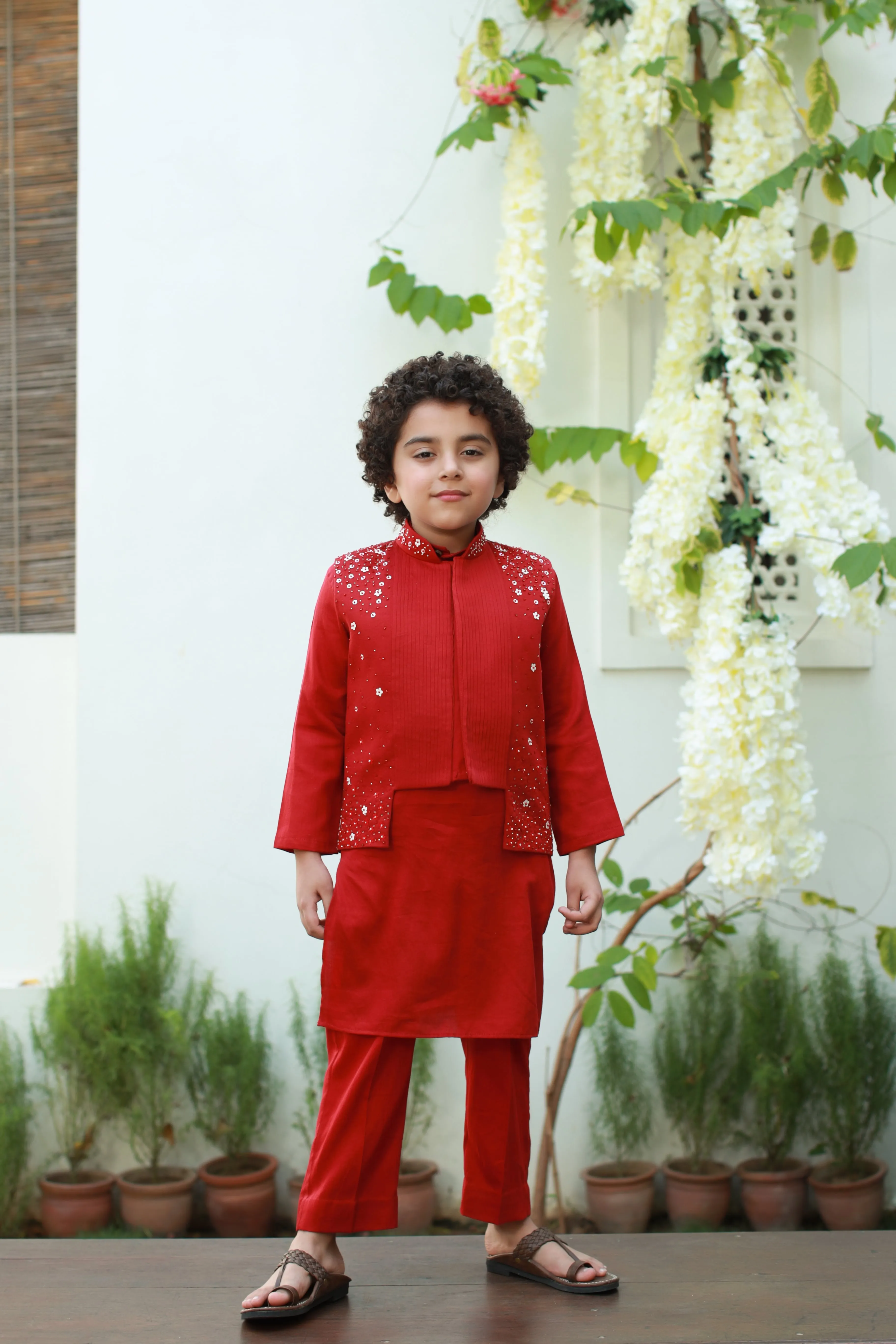 Riwaayat - Long & Short Vegan Silk Embroidered Jacket With Kurta Trouser Set For Boys