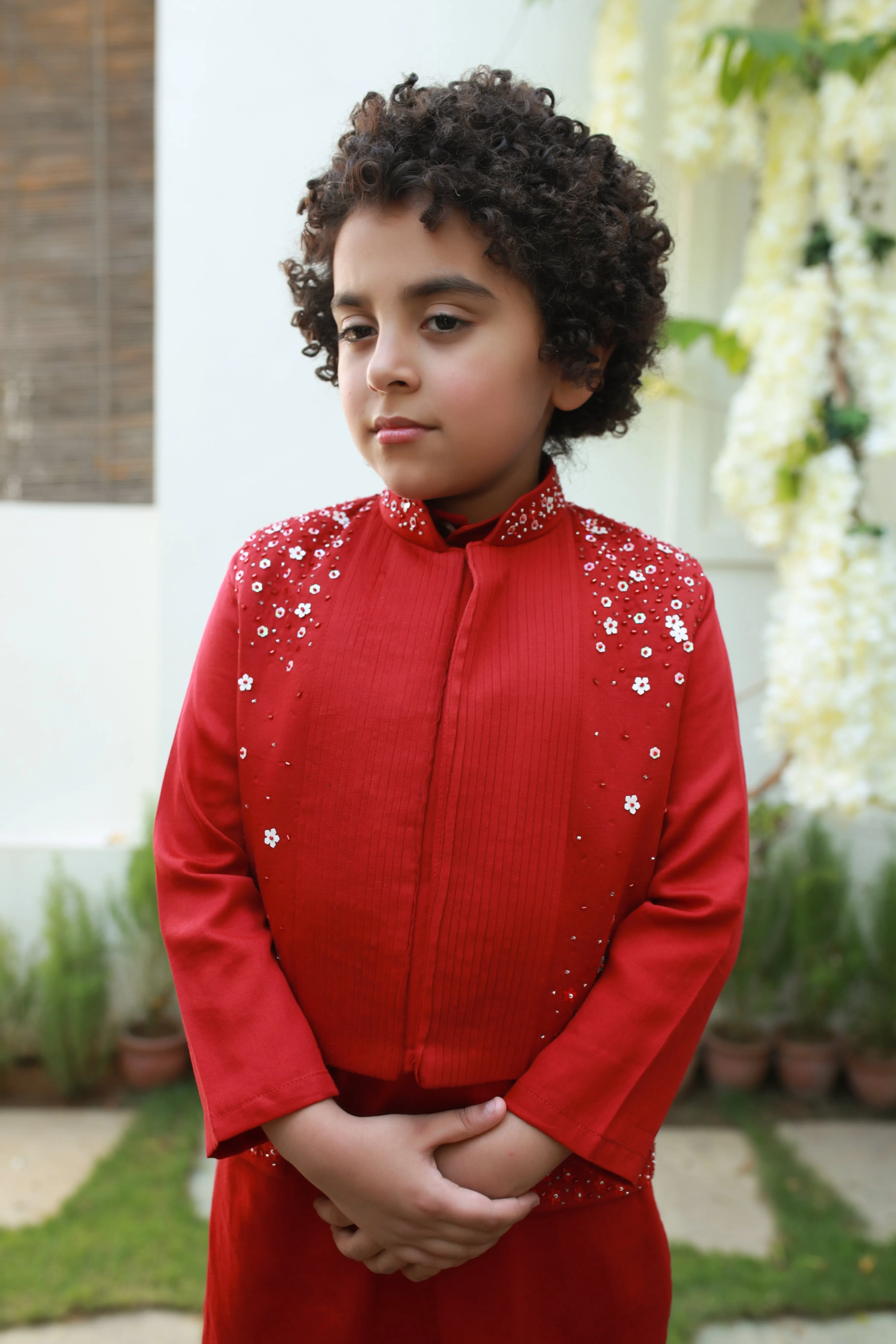 Riwaayat - Long & Short Vegan Silk Embroidered Jacket With Kurta Trouser Set For Boys