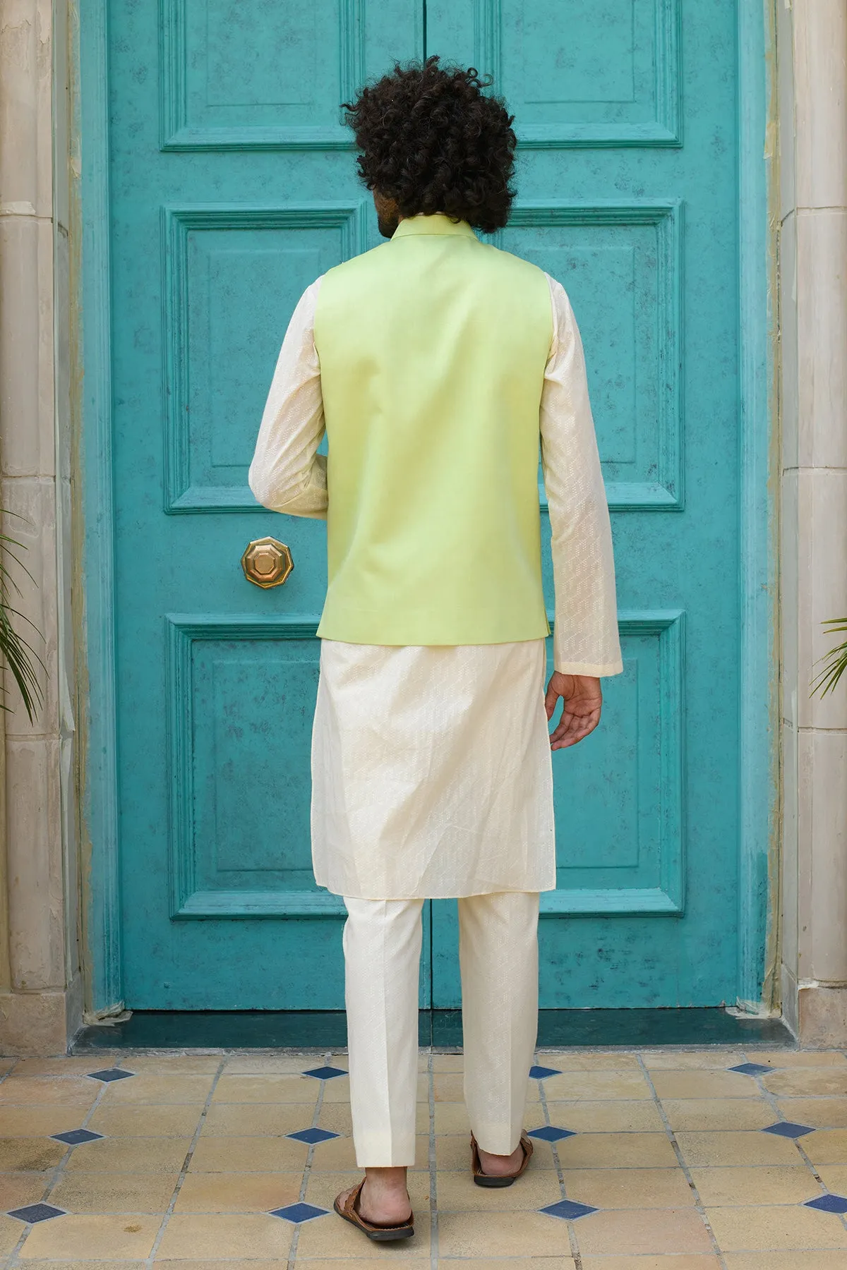 SADAF -  Embroidered  Green Nehru Jacket Paired with Cream Kurta & Trouser set