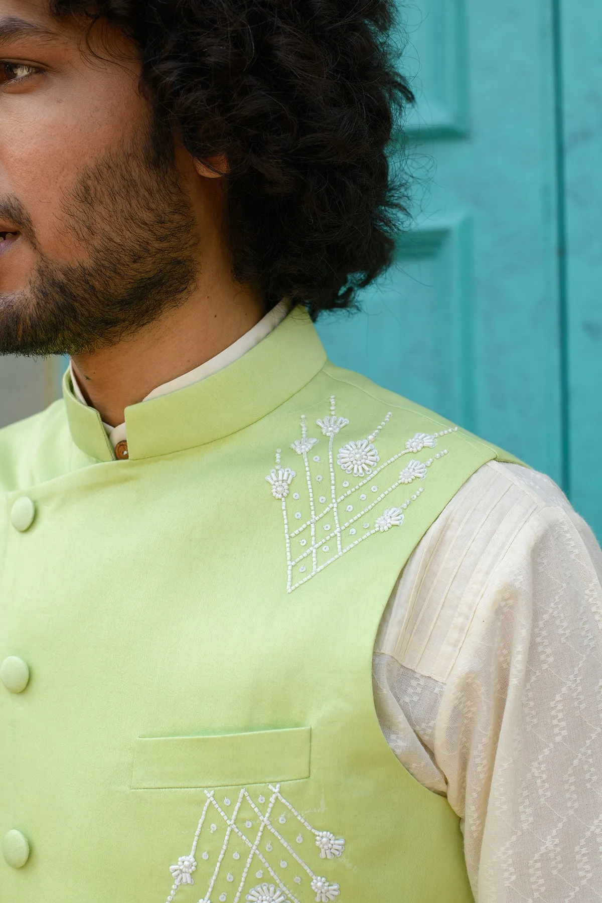 SADAF -  Embroidered  Green Nehru Jacket Paired with Cream Kurta & Trouser set