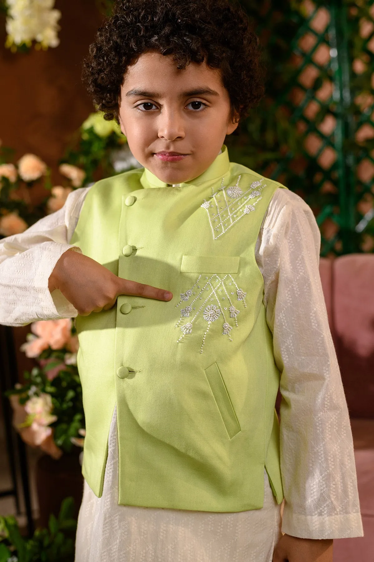 Sadaf -

 Embroidered 

Green Nehru Jacket Paired With Cream Kurta & Trouser Set