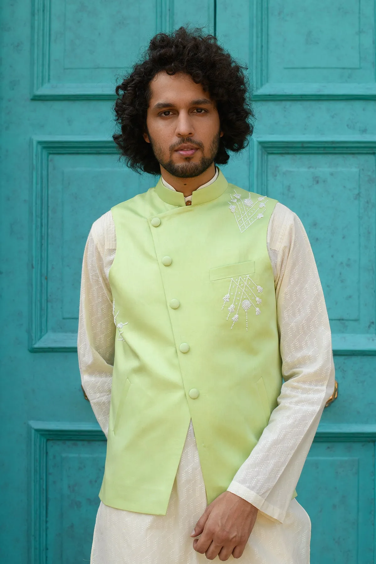 SADAF -  Embroidered  Green Nehru Jacket Paired with Cream Kurta & Trouser set