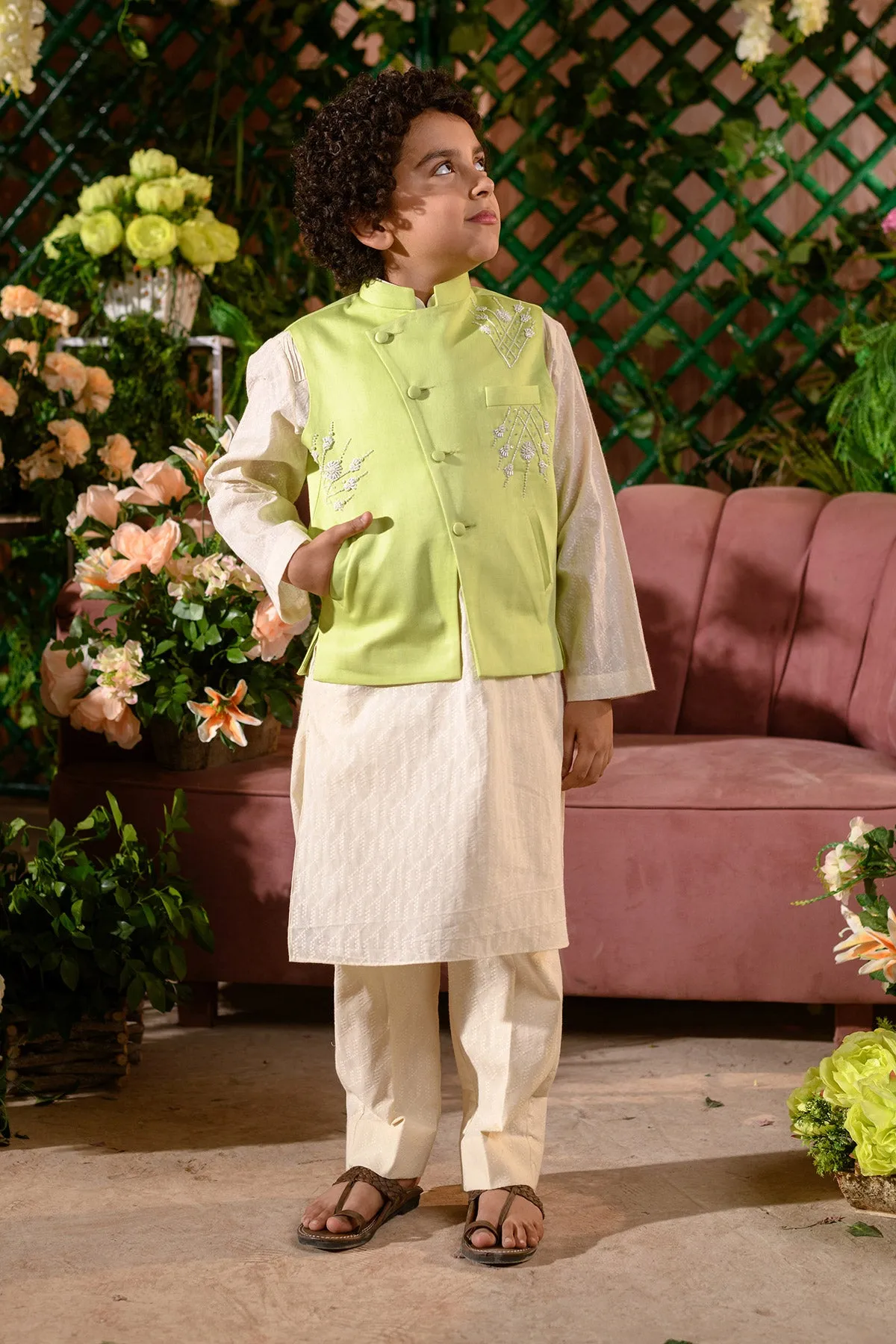 Sadaf -

 Embroidered 

Green Nehru Jacket Paired With Cream Kurta & Trouser Set