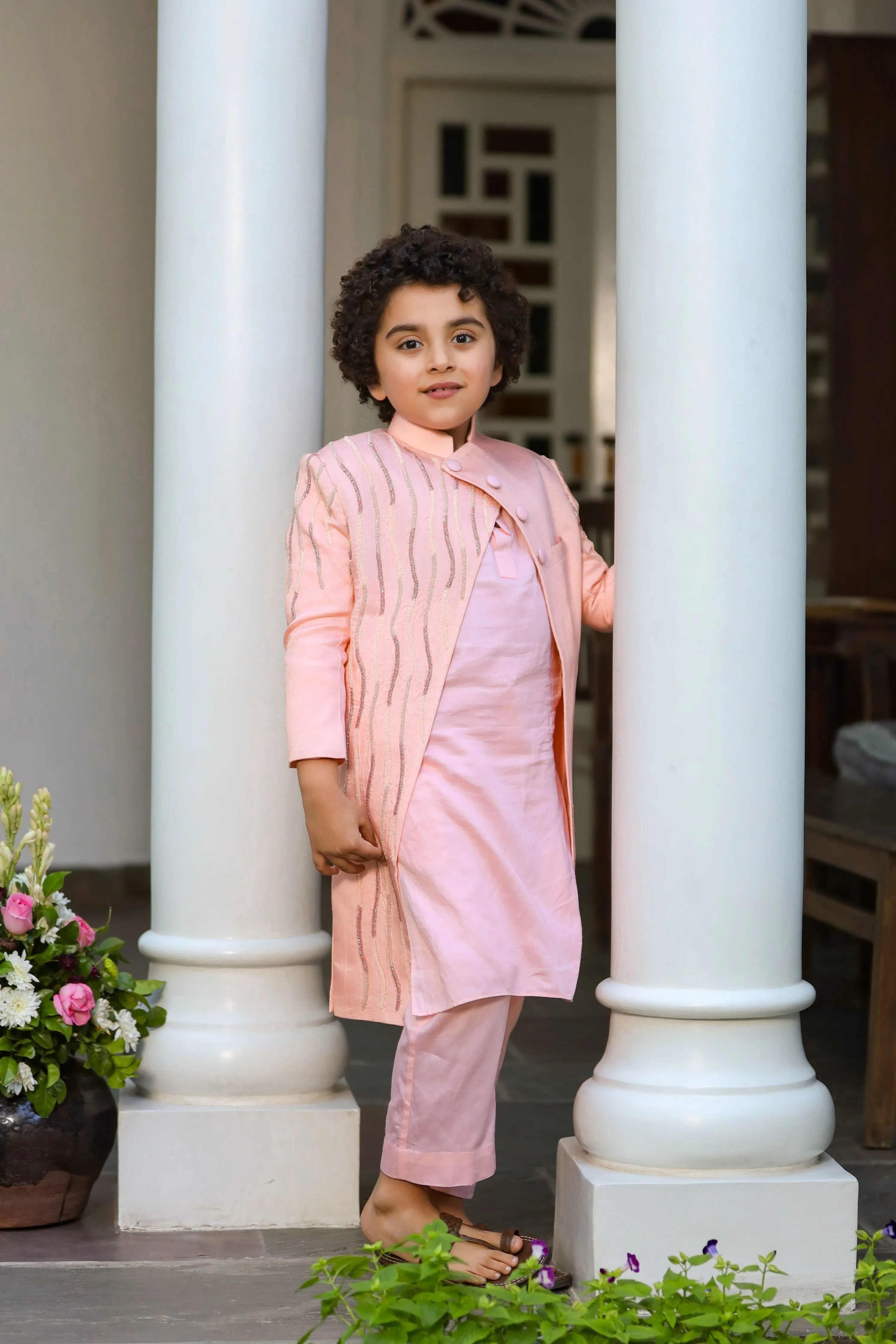 Shabab - Peach Embroidered Indowestern Kurta Trouser Set For Boys