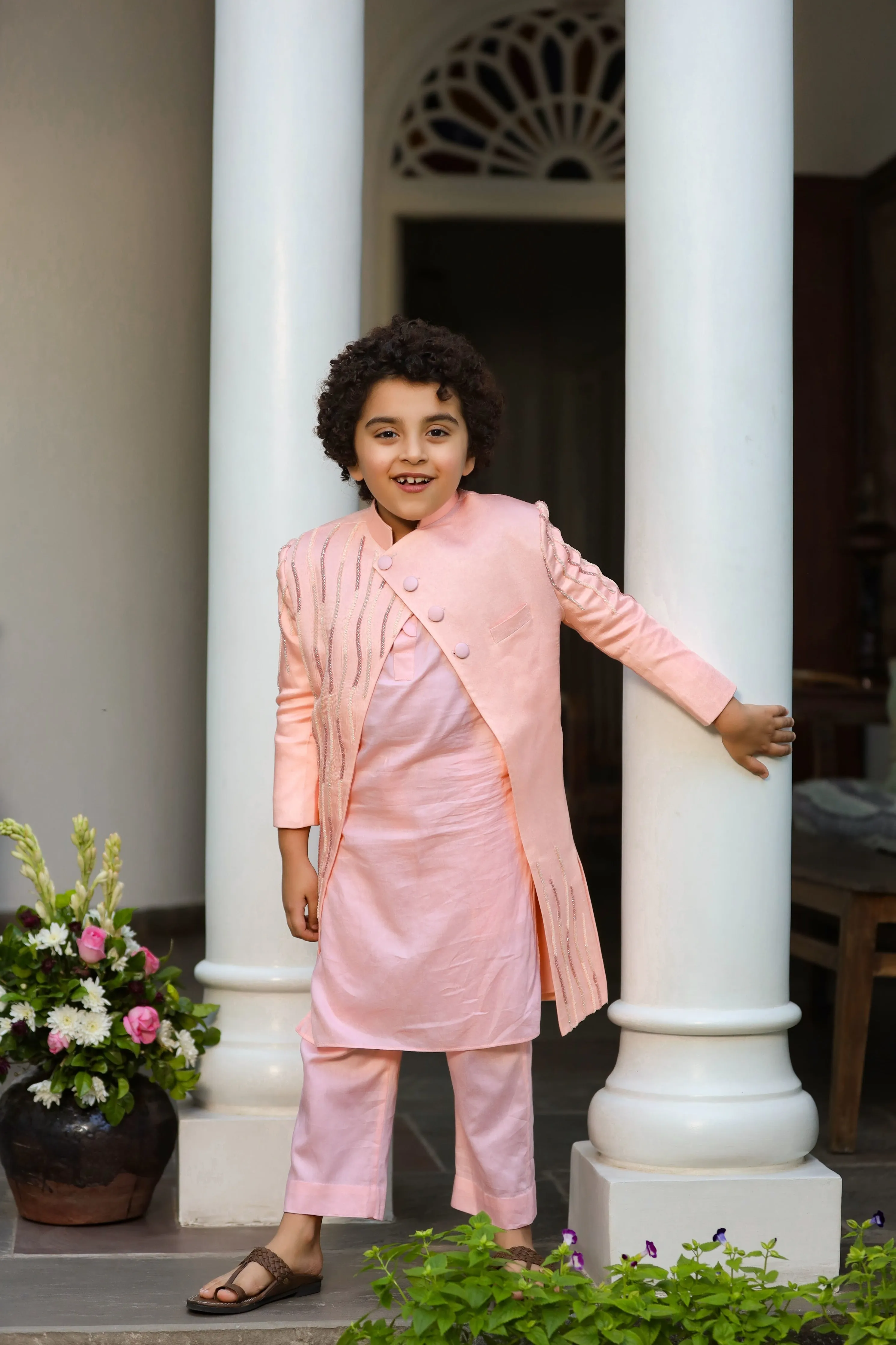 Shabab - Peach Embroidered Indowestern Kurta Trouser Set For Boys