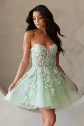 STRAPLESS HOMECOMING MINI BABY DOLL DRESS W/ SEMI-SHEER BODICE & LACE UP BACK