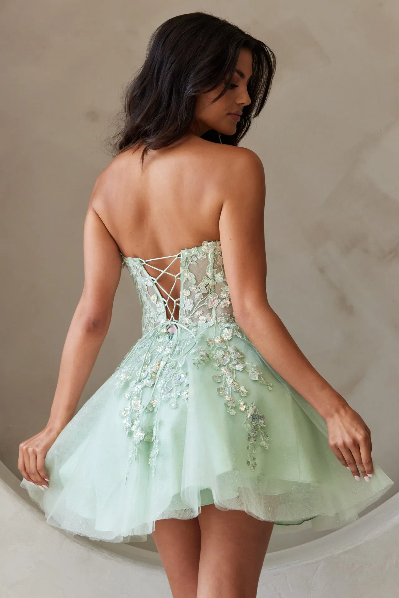 STRAPLESS HOMECOMING MINI BABY DOLL DRESS W/ SEMI-SHEER BODICE & LACE UP BACK