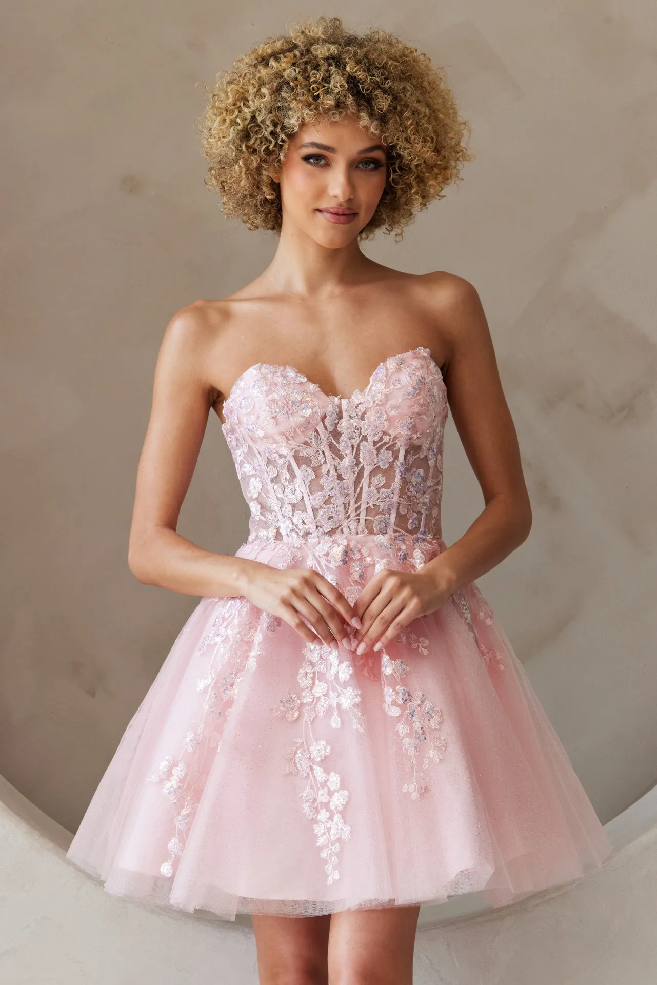 STRAPLESS HOMECOMING MINI BABY DOLL DRESS W/ SEMI-SHEER BODICE & LACE UP BACK