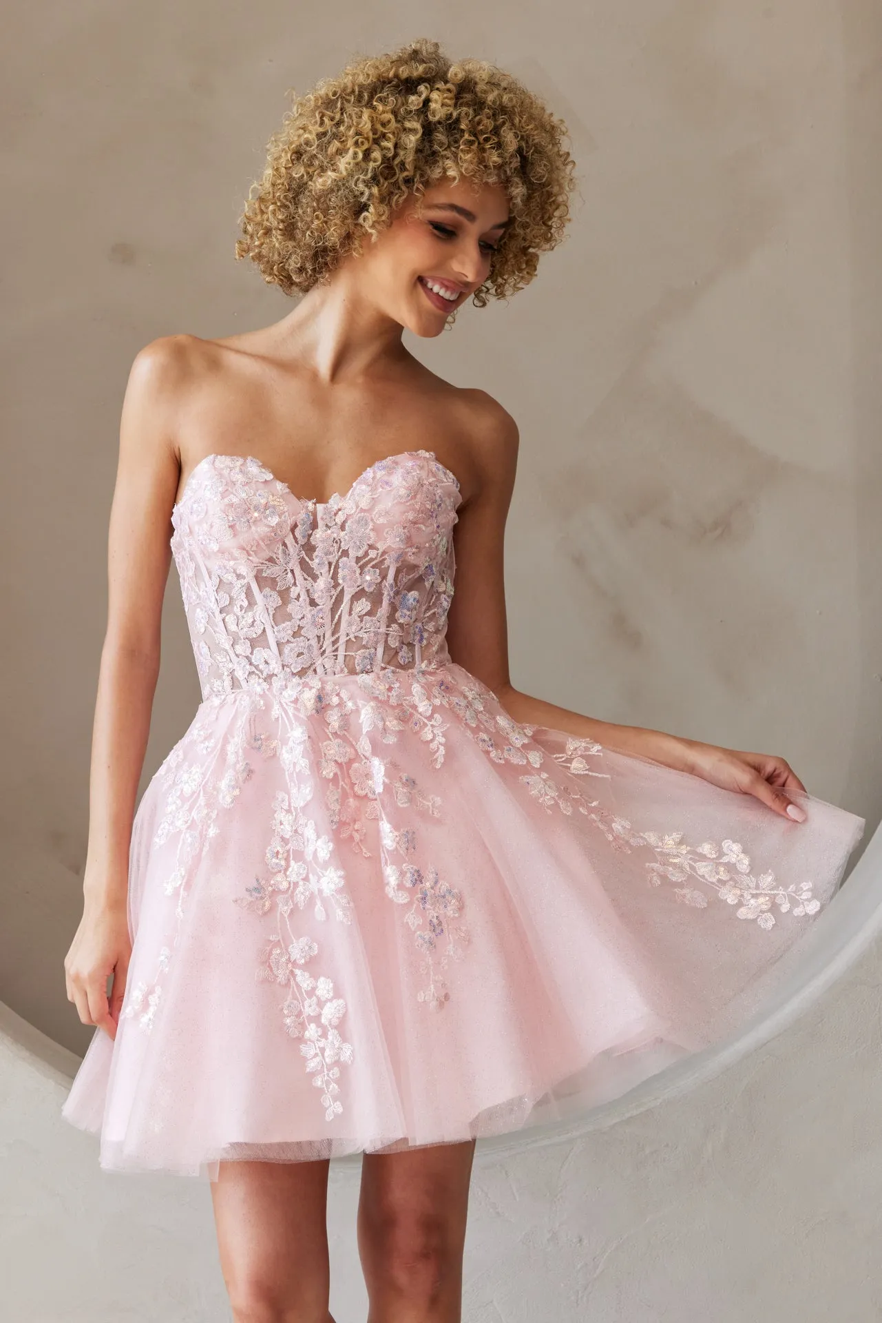 STRAPLESS HOMECOMING MINI BABY DOLL DRESS W/ SEMI-SHEER BODICE & LACE UP BACK