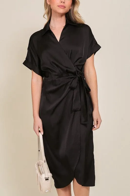 SURPLICE SATIN WRAP DRESS