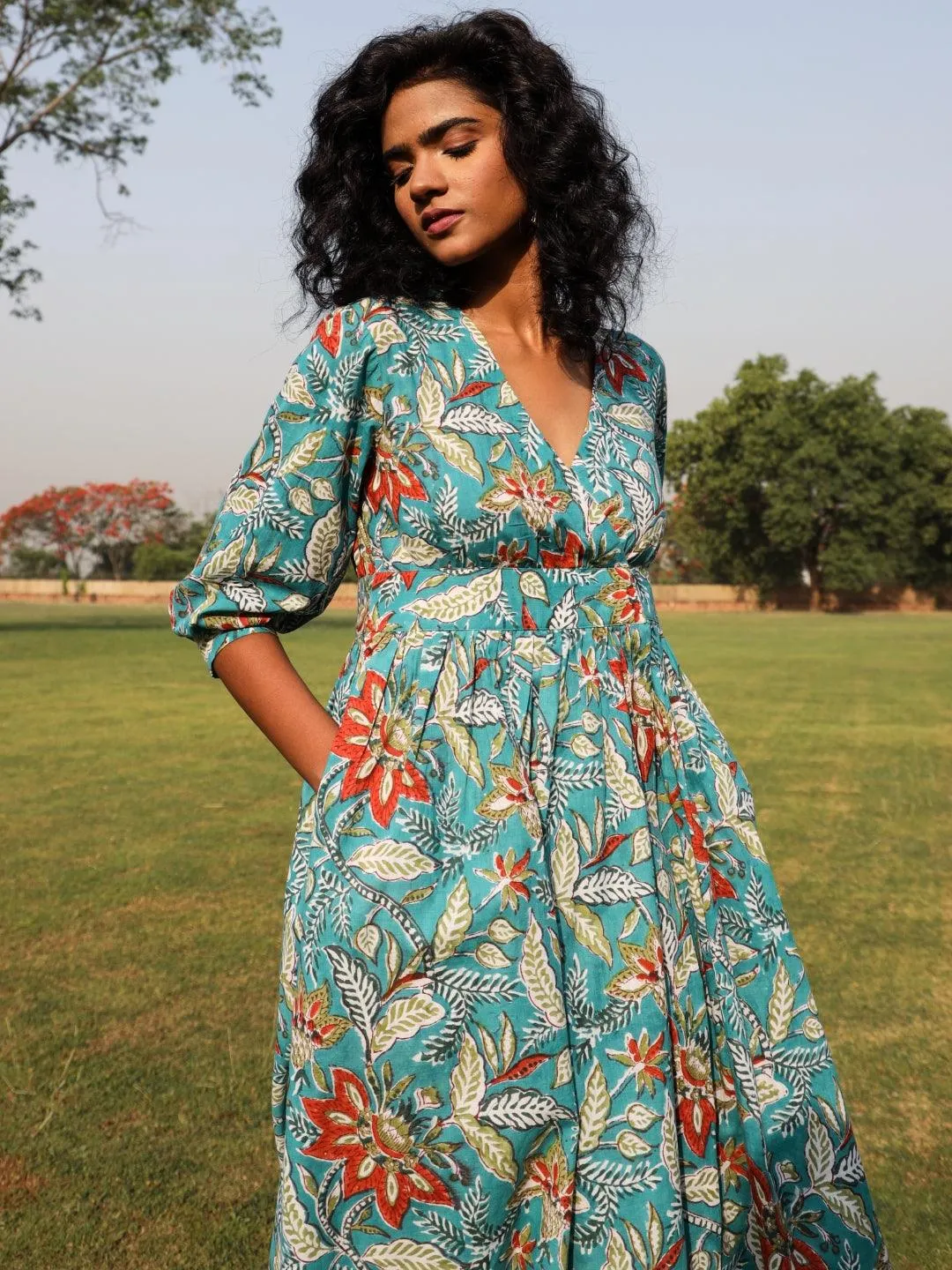 Teal Cotton Block Print Wrap Dress