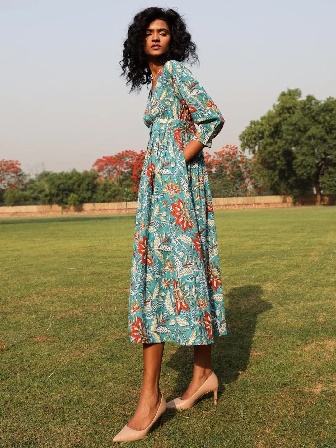 Teal Cotton Block Print Wrap Dress