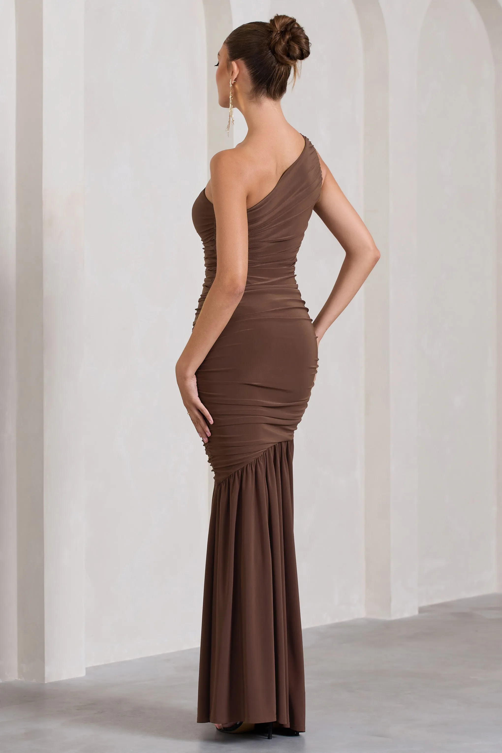 The Limelight | Chocolate One Shoulder Ruched Maxi Dress