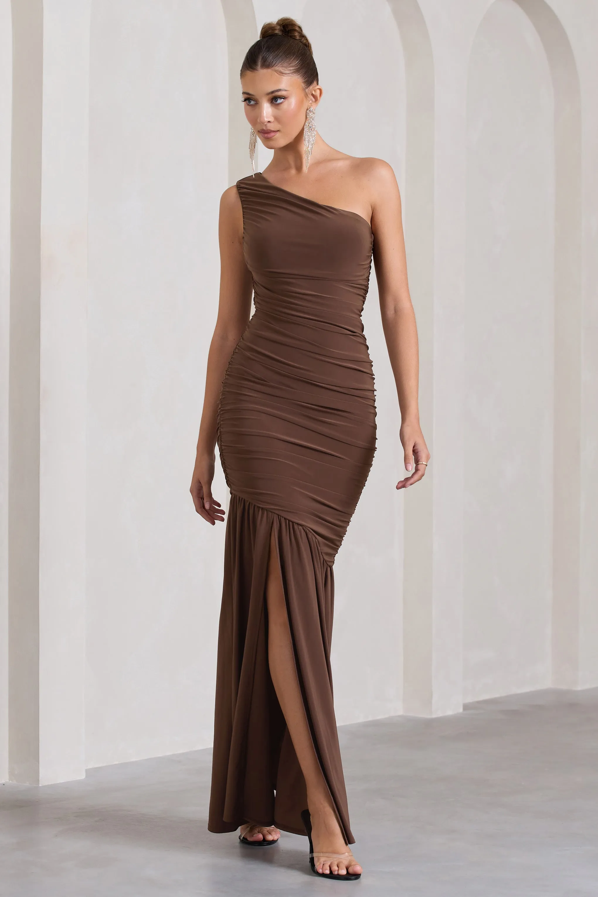 The Limelight | Chocolate One Shoulder Ruched Maxi Dress