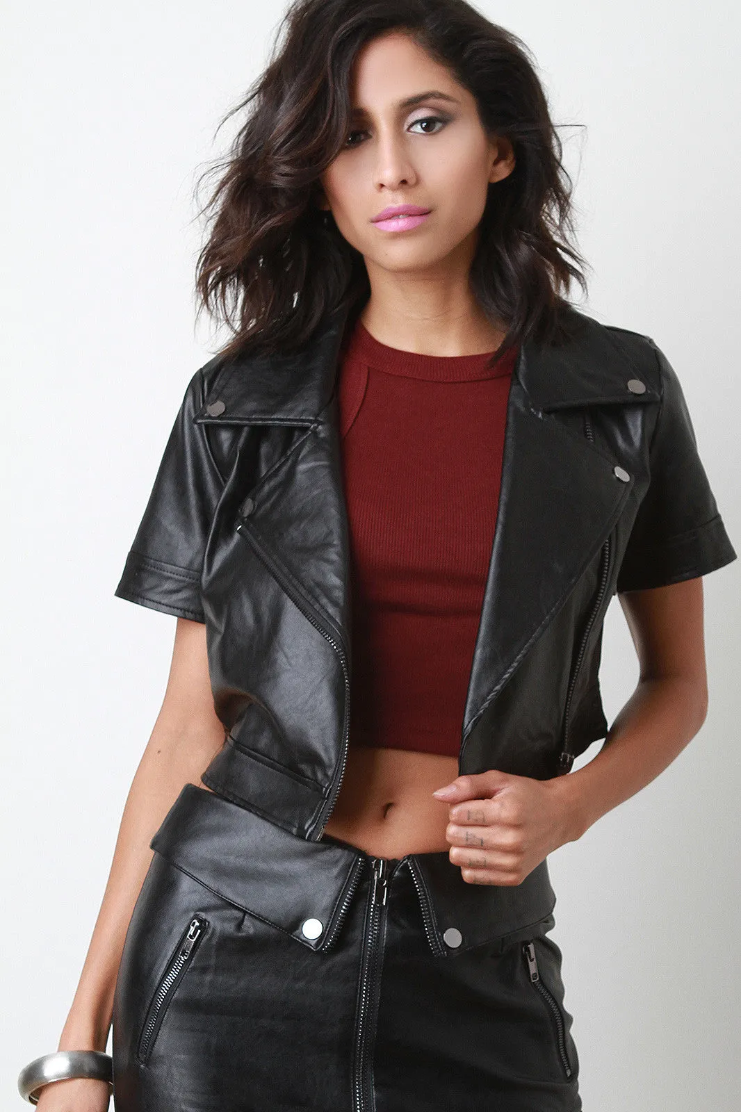 Vegan Leather Zip Up Crop Jacket