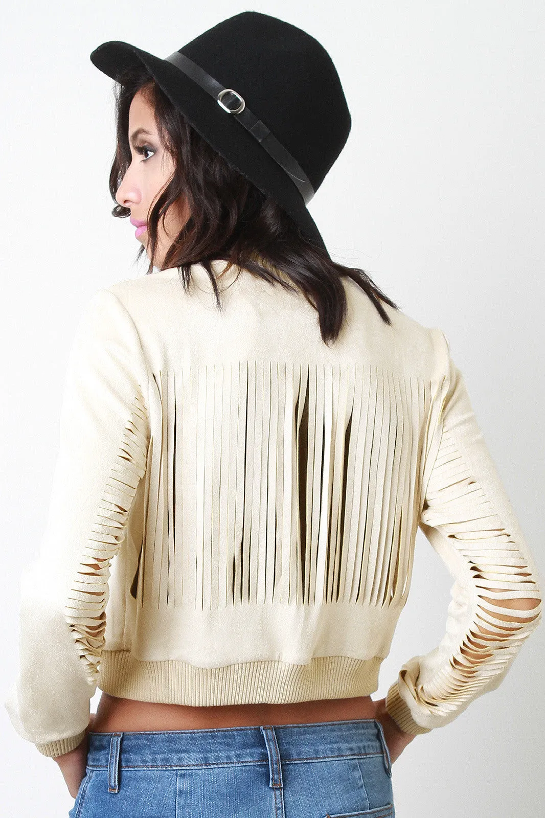 Vegan Suede Slit Fringe Jacket