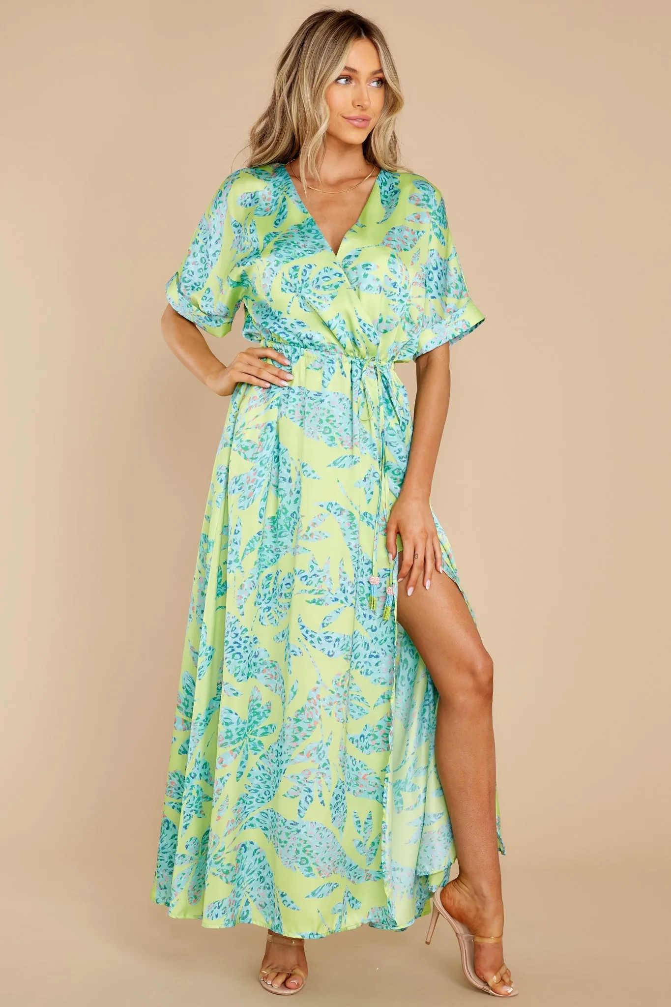 Viera Wild Lime Print Satin Faux Wrap Maxi Dress