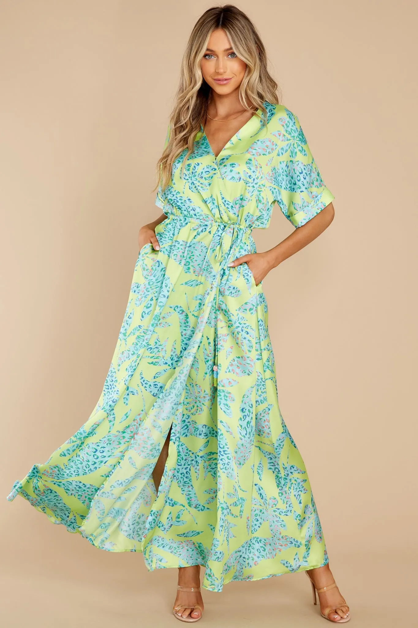 Viera Wild Lime Print Satin Faux Wrap Maxi Dress