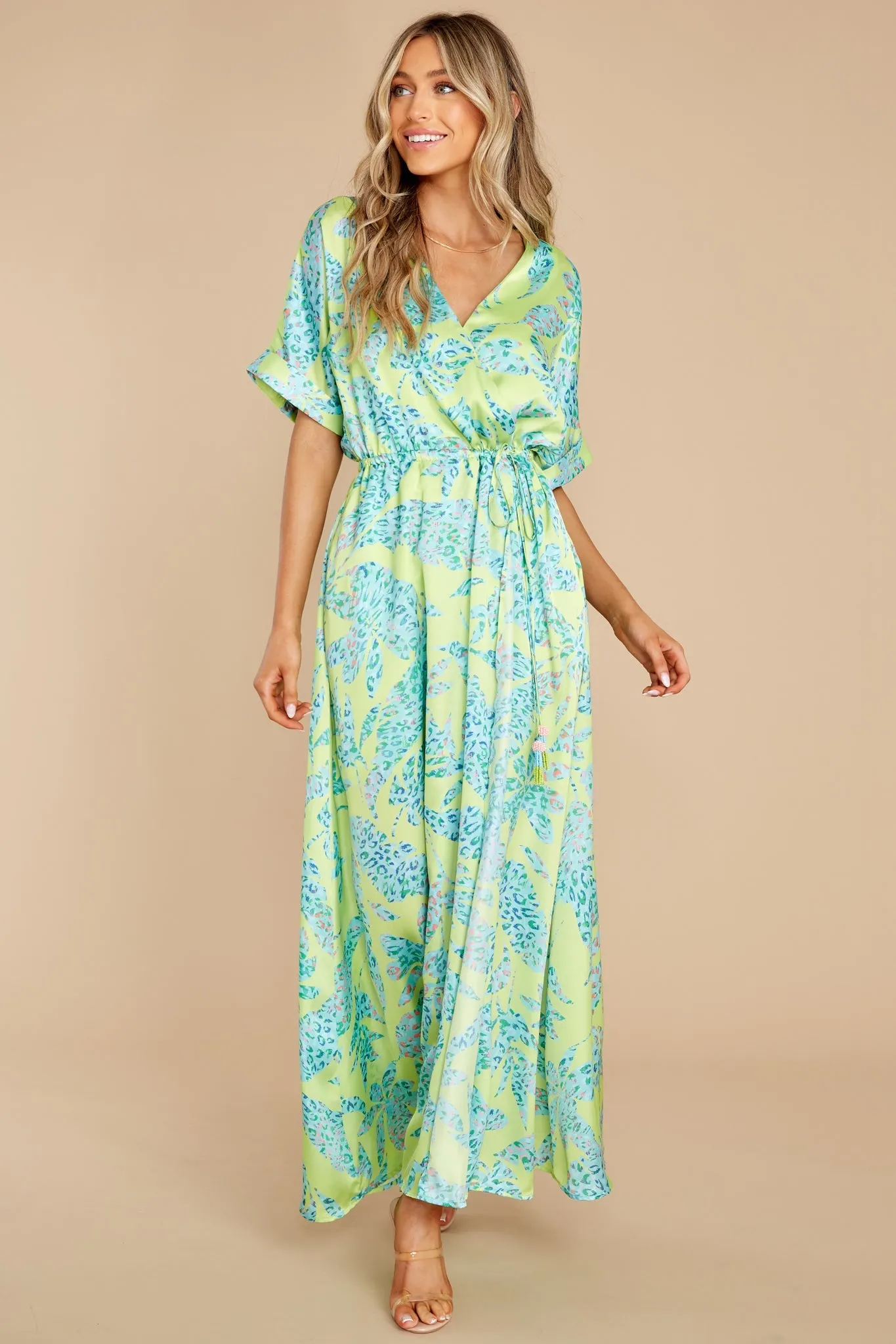 Viera Wild Lime Print Satin Faux Wrap Maxi Dress