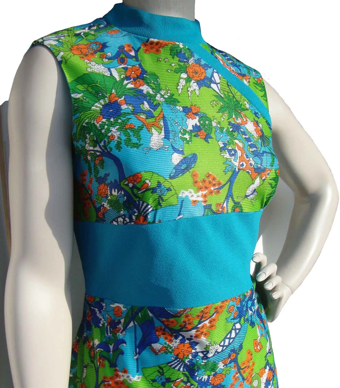 Vintage 60s Tea Timer Dress Asian Print Maxi M