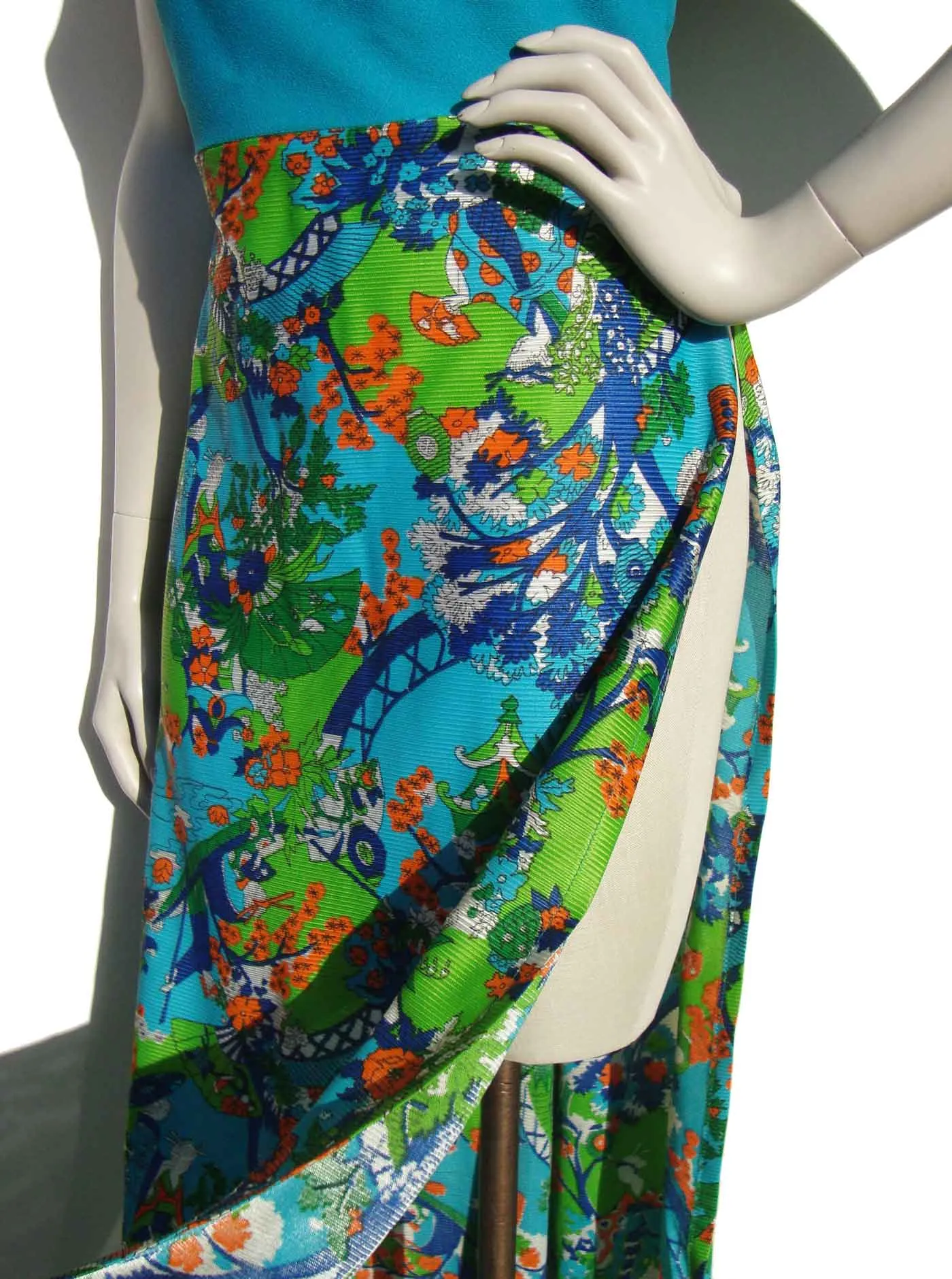 Vintage 60s Tea Timer Dress Asian Print Maxi M