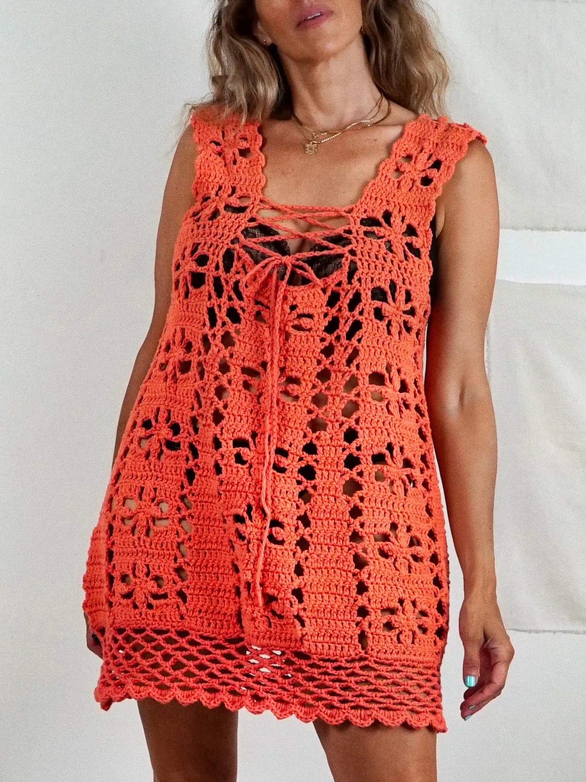 Vintage Sunset Crochet Lace-Up Dress