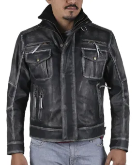 Vorith Distressed Charcoal Black Bomber Leather Jacket