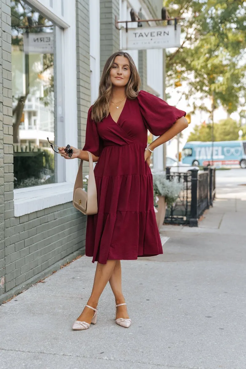 Wine Tiered Midi Wrap Dress - FINAL SALE