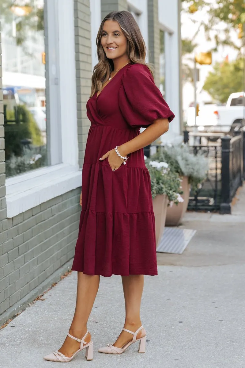 Wine Tiered Midi Wrap Dress - FINAL SALE