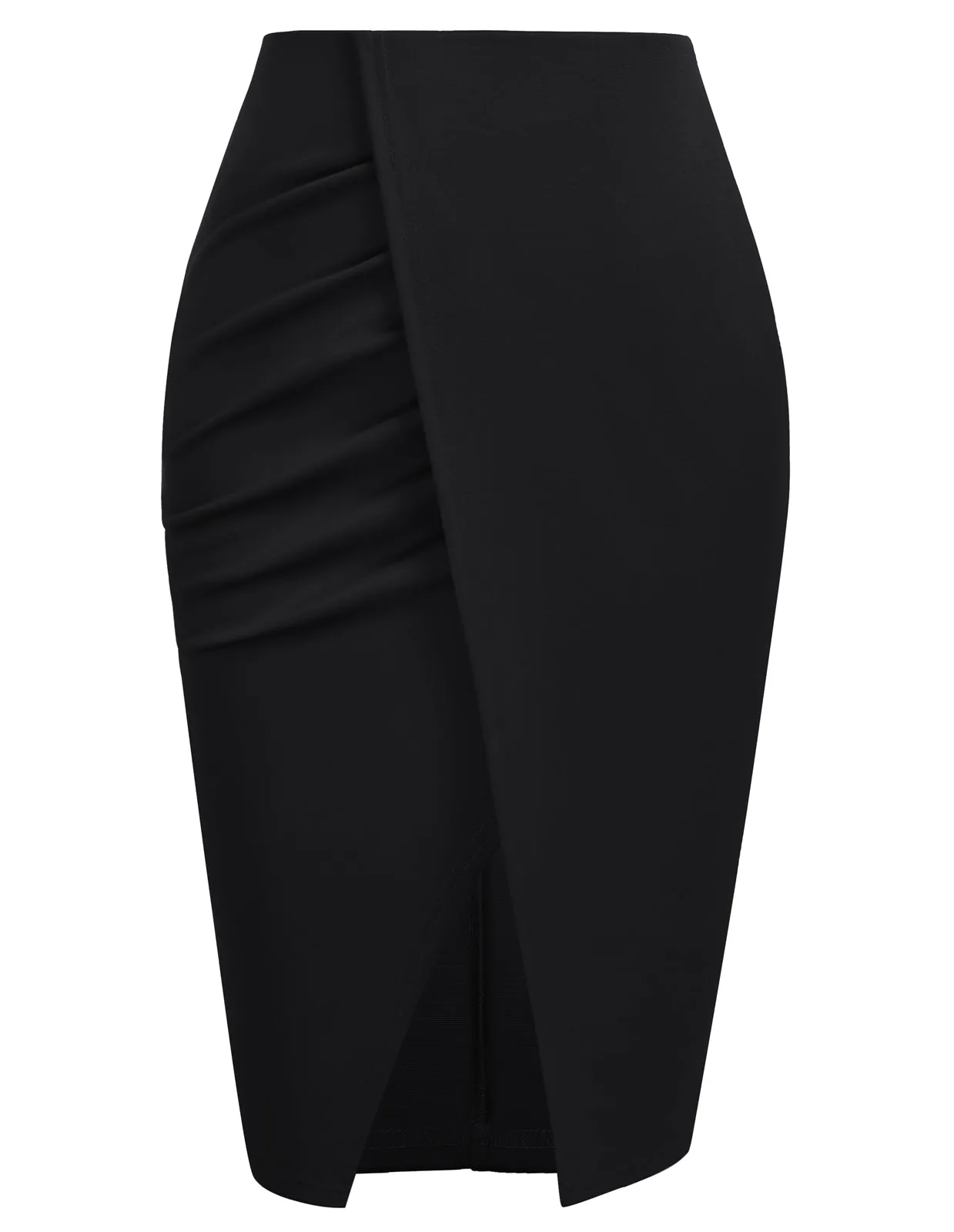 Women High Waisted Warp Ruched Pencil Skirt Elegant Split Slit Hem Bodycon Midi Skirt Wear to Work