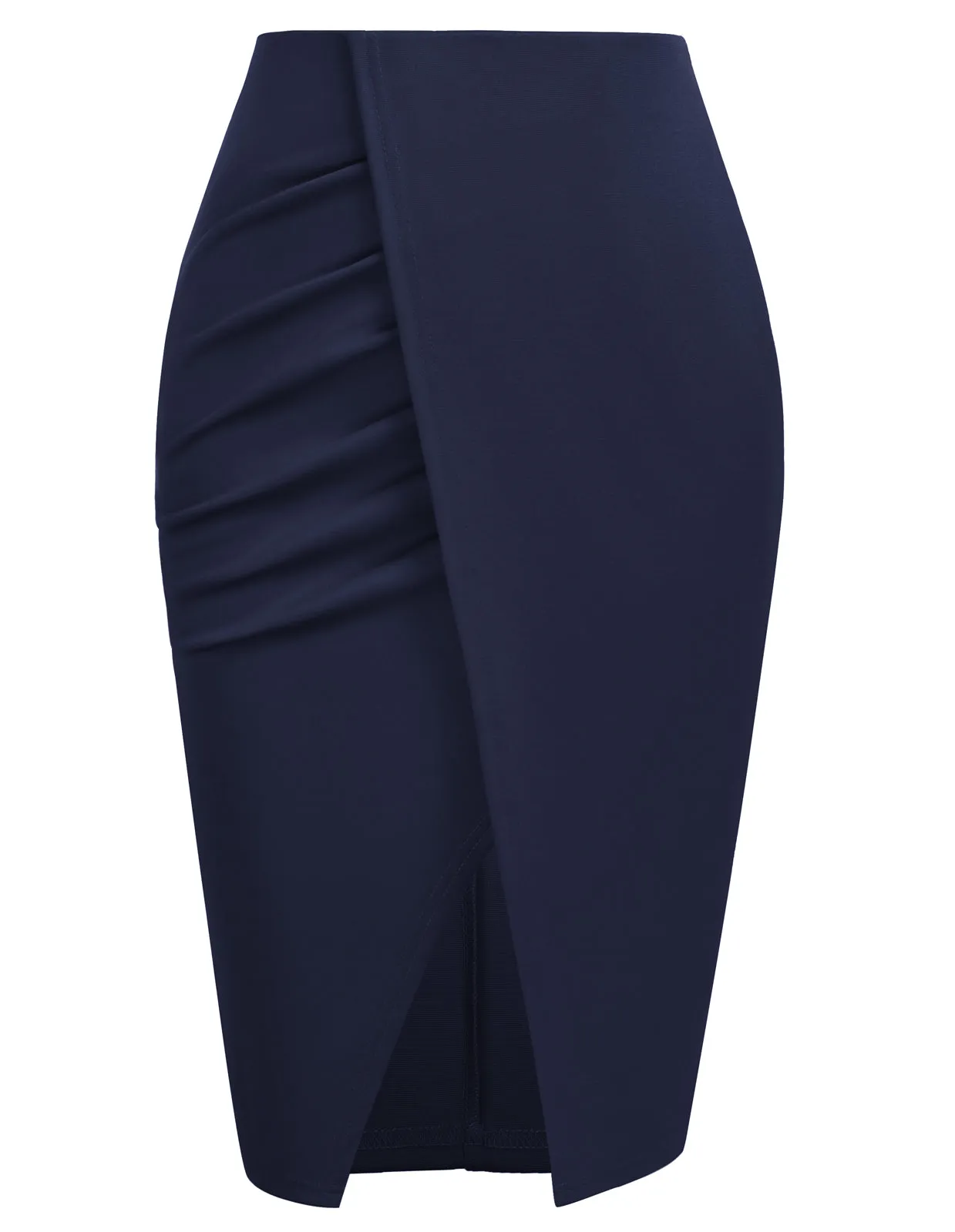 Women High Waisted Warp Ruched Pencil Skirt Elegant Split Slit Hem Bodycon Midi Skirt Wear to Work